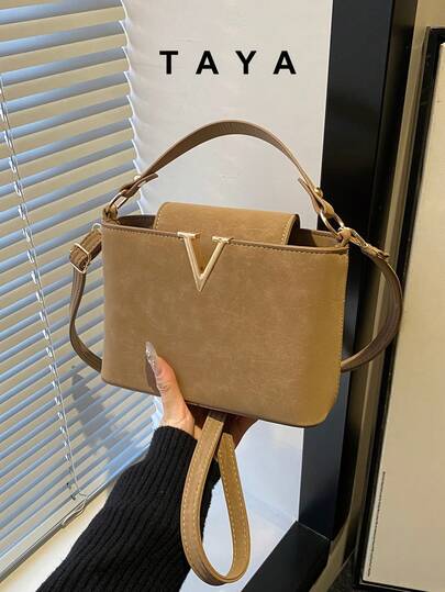 时尚迷你纯色简约金属锁扣装饰防水PU手提包，适合购物、携带，适合年轻女性、大学生、年轻职业女性、上班族女性。完美适用于办公室、学校、工作、商务、通勤、户外活动、旅行和短途旅行。