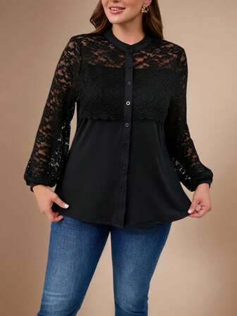 大码女式休闲度假黑色衬衫撞色蕾丝上衣