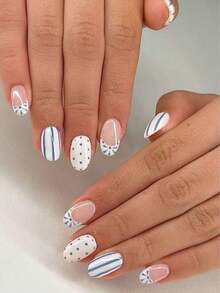 24pcs Short Oval Polka Dot Nails Design French Acrylic Press On Nails Short Perfect Fit False Nail Set, Include1pccs Jelly Glue An1pccs Nail File, Polka Dot Nails Short Make Your Fingertips Shine And Beautiful,Very Suitable For Parties, Dancing And Daily Use - 彩色 - 查看 3