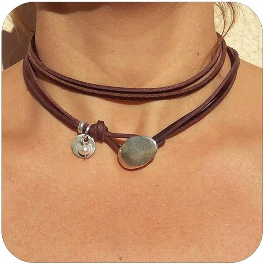 Long Tiantian Boho Women Western Jewelry Turquoise Necklace Country Concert Outfits Layered Black Brown Leather Choker Western Cowgirl Accessories Gifts Stocking Stuffers 2025 - A11:女士波西米亞風項鍊 - 查看 1
