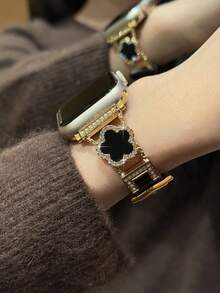 1件新款女款三葉草金屬錶帶，黑色，兼容 38/40/41/42/44/45/46/49mm、SE 系列 Ultra 11/10/9/8/7/6/5/4/3/2/1，佩戴舒適，耐用材質，智慧手錶配件，女款配件，金色 Apple 手鍊錶帶，女性禮物，女款三葉草錶帶 - 金色 - 查看 6