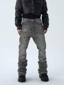 直筒喇叭牛仔裤，百搭时尚水洗牛仔裤，棉质斜插口袋长裤