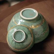 2pcs Handmade Vintage Ceramic Bowls - Thickened Green Gold Glaze Noodle Bowls, Suitable For Tossed Salads, Rice, Fruits - Durable Rustic Style Kitchen Utensils, Ideal For Family Dining And Gatherings, Fruit Bowls | Traditional Tableware | Dotted Green Glaze - Multicolor - View 6