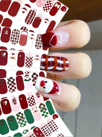 8 Sheets Sweet, Cool, Pink, Cute, Soft, Adorable Cartoon Christmas Theme Nail Art Stickers Nail Stickers And Decals DIY Nail Polish Strips Red, Pink, Blue Checkered Stripes Christmas Tree Santa Claus Reindeer Snowflakes Heart-Shaped Bows Self-Adhesive Waterproof And Long-Lasting 3d Nail Decals Multi-Design Full Wrap Coverage Manicure Stickers Manicure Decorations Set Suitable For Ladies And Girls, Ease Of Use Appointment,Parties And Events