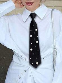 1pc Women's Solid Black Necktie, Slouchy Tie For Uniform Shirt Suit Everyday Use - Cà vạt ngọc trai - Xem 2