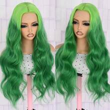 13x4 Green Highlights Curly Lace Front Wigs For Women Body Wavy Long Hair Ombre Green Wig Pre-Plucked Wear And Go 28 Inch Glueless Synthetic Lace Front Wigs For Halloween Daily Party Wig - 綠色 - 查看 11