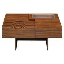 Holiday Coffee Table – 47" Modern Wood Table With Tempered Glass, Fluted Style & Drawers, Ideal For Christmas Living Room - Brown + Solid Wood+MDF+Glass - View 10