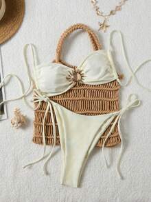 Sexy Women's Spaghetti Strap Bikini Set With Buckle Detail And Tie-Side Bottoms, Medium Stretch Swimwear Vacation Beach Summer - Beige - View 3