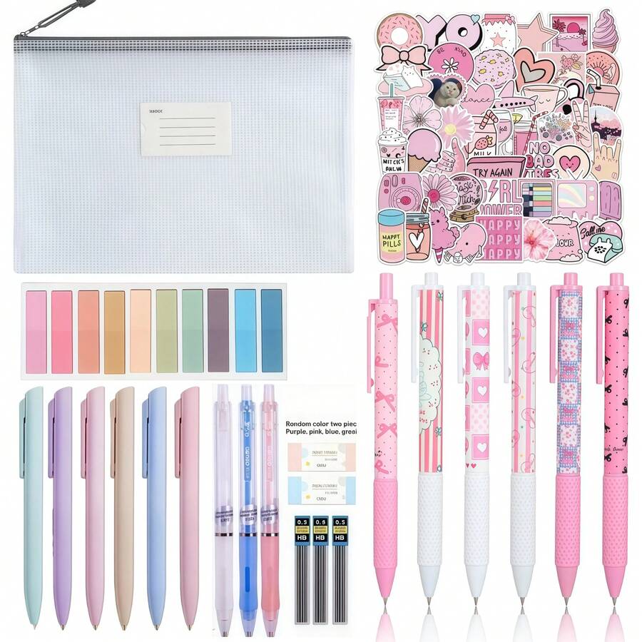 22PCS/1 Set Stationery Set,6PCS Gel Pens Cute Retractable 0.5mm Black Gel Ink,6PCS Morandi Pens,3PCS 0.5mm Mechanical Pencil,Sticky Note,Eraser,Cute Office School Supplies Gifts For Women Men.Back To School. - one-size - View 1
