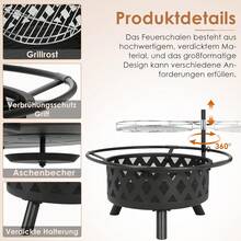 Fire Bowl With Rotating Grill Grate, Garden Fire Bowls With Spark Screen, Ø76 Cm BBQ Fire Basket, Multifunctional Fire Pit