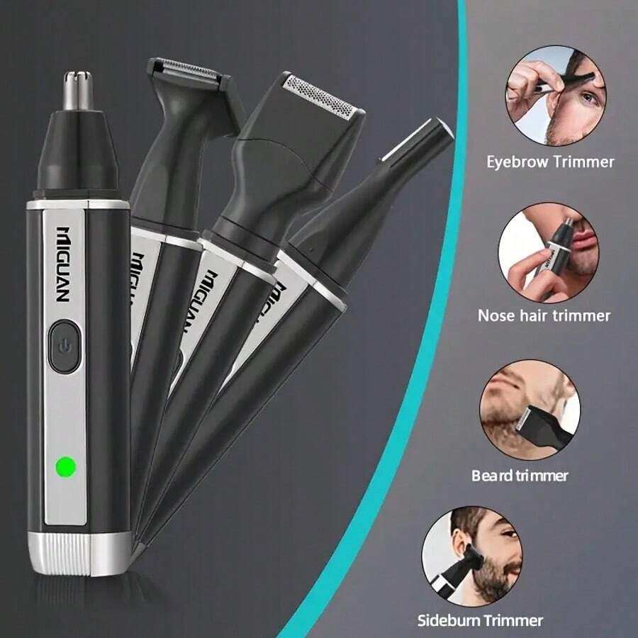 Kit de aseo profesional 4 en 1, recortador de vello de nariz y orejas recargable por USB, afeitadora de barba y cejas, herramientas de cuidado personal para hombres - Negro - Ver 1
