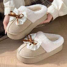 时尚简约毛绒拖鞋，2025秋冬新款蝴蝶结室内保暖内衬温暖舒适拖鞋，适合户外穿着 - 米色 - 查看 3