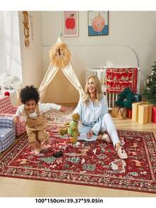 1 Pc Christmas Tree And Santa & Reindeer Beige Carpet, Non-Skid And Washable, Very Suitable For Living Room, Bedroom, Hallway, Indoor And Outdoor Use, Easy Home Christmas Decoration And Room Decoration