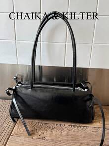 CHAIKA & KILTER 女士纯色PU皮革单肩包，复古时尚法棍包款式，双提手设计，拉链封口，饰有肩带，配有可拆卸可调节肩带，可单肩背或斜挎，适合日常及户外使用。 - 黑色 - 查看 8