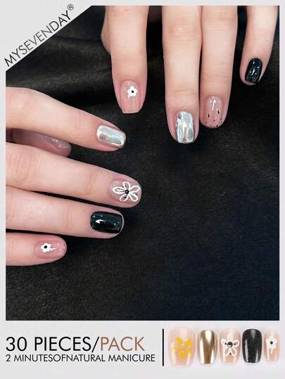 30 Peças de Unhas Postiças Quadradas/Curtas com Padrões de Flores Cartoon e Bloqueio de Cor Preto e Dourado/Conjunto de Unhas Acrílicas Falsas com Ajuste Perfeito, Incluindo 1 Cola de Gelatina e 1 Lixa de Unha, Adequado para Trabalho Diário, Estudo e Reuniões de Mulheres no Outono e Inverno. Produtos de Unhas Adequados para Reuniões, Festivais e Uso Diário