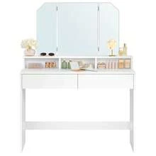 VASAGLE Vanity Set, Dressing Table Set with Tri-Fold Mirror, Large Table Top, 2 Drawers, White - Blanco - Ver 8