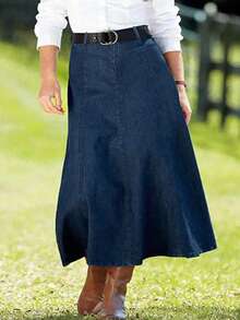 Plus Size Women Stretch Denim Skirt, Washed Dark Blue
