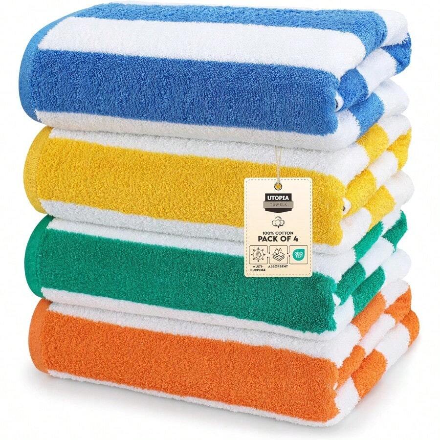 Large Cabana Stripe Beach Towel Variety Pack Of 4 100% Cotton Easy Care Maximum Softness And Absorption (76 X 152 Cm) Bath Sheet - Multi - View 1