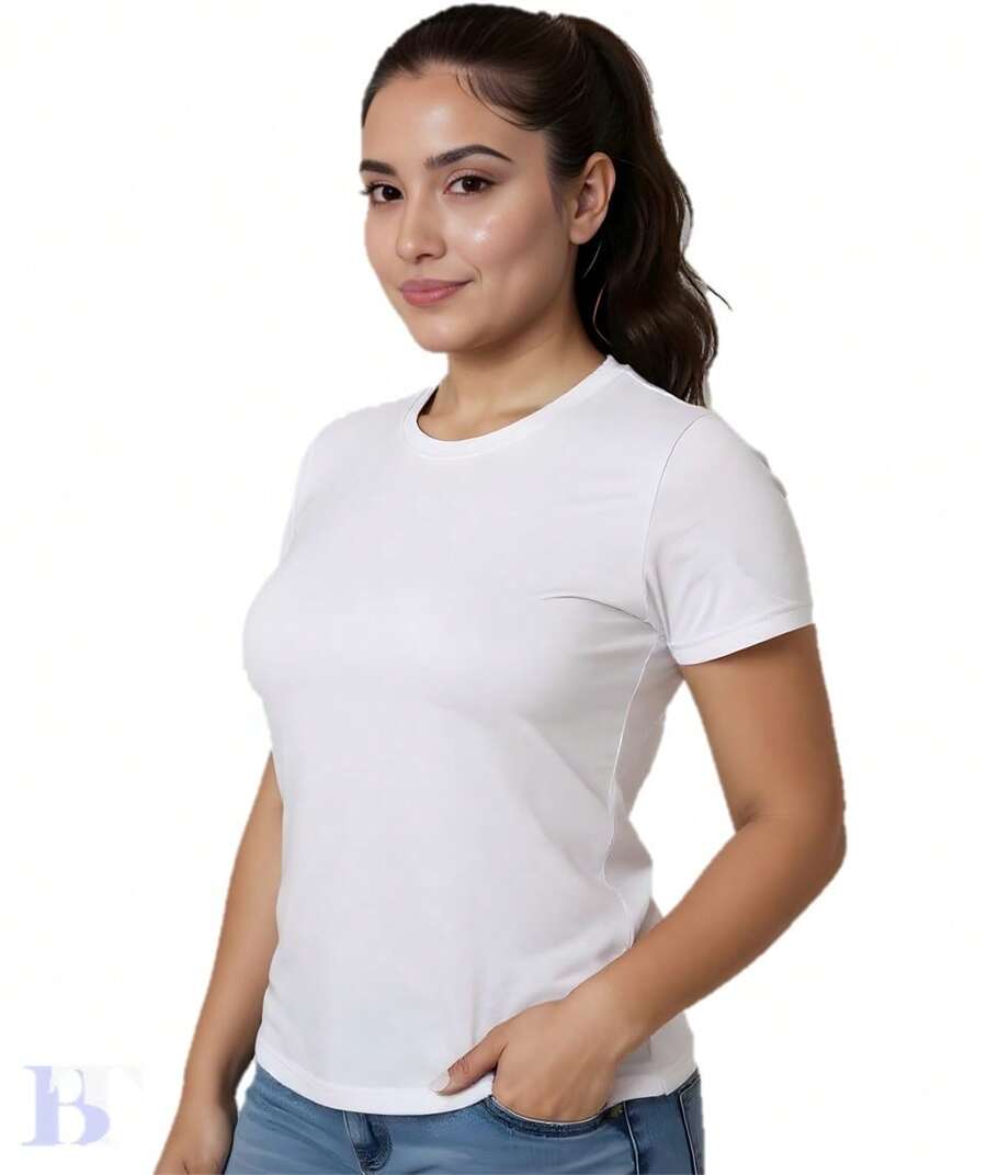 Camiseta Playera Regular Fit Cuello Redondo Manga Corta Mujer Dama Algodón Peinado - T-Shirt Básica Tacto Suave Primavera Verano Fresca Estampar, Bordar, Personalizar, Uniformes, Esenciales, Basica, Basicos, Essentials Varios Colores Uso Diario, Prenda Versátil Cómoda Estilo Casual, Combinaciones Jeans Pantalones Cortos Mujer Dama Chic Promocion Becktel Hecho en Mexico - Blanco - Ver 1