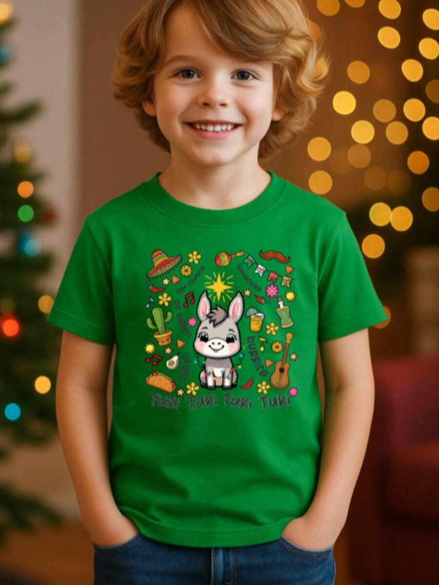 Playera Navideña para niños BURRITO SABANERO Lights, de manga corta, suave con estampado estilo cute. Sensación tipo algodón, textura suave, fresca y cómoda. - Verde - Ver 1