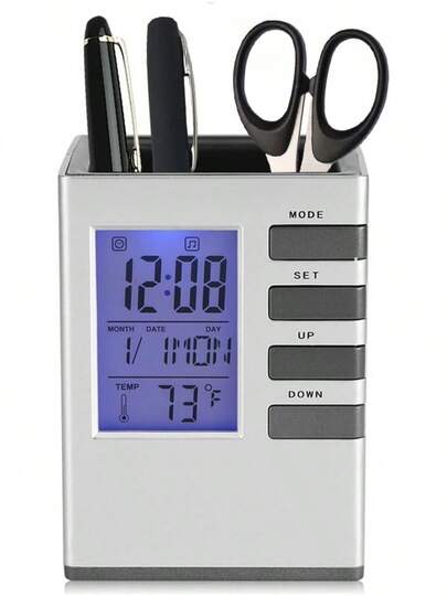 Fdit Reloj Despertador Digital LED Multifuncional con Pantalla LCD, Termómetro, Soporte para Plumas y Luz Nocturna - Ideal como