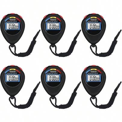 6 Pack Multi - Function Electronic Digital Sport Stopwatch Timer, Large Display With Date Time And Alarm Function, Suitable Sports Fitness And RefereesBlack