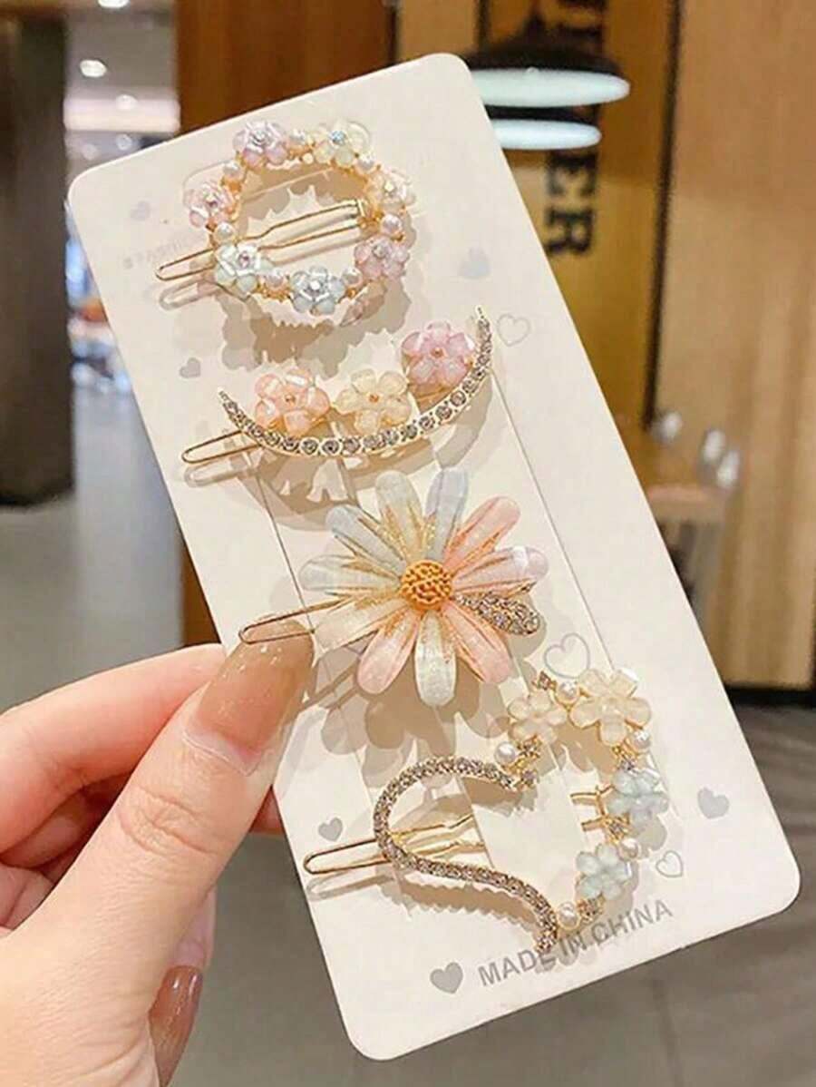 4pcs Girls Floral Petal Hair Clips Flower Hair Pins Decorative Hair Accessories, Mixed Color ZM0Y - 彩色 - 查看 1