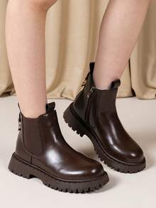 女童保暖内衬踝靴，休闲仿毛皮短靴，学院风拉链平底皮靴，简约儿童踝靴，适合秋冬季穿着 - 棕色 - 查看 1