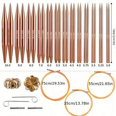 13pcs Interchangeable Circular Knitting Needle Set, 3.0mm-10mm Champagne Aluminum Alloy Knitting Needles, Suitable For Beginners, DIY Crafts, Weaving Accessories And Supplies