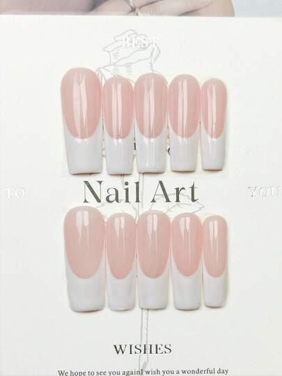 10pcs Handmade Square Acrylic Nail Stickers, Long Minimalist Pink Nails, White French Manicure, Gentle Avant-Garde Elegant Minimalist Spring/Summer Versatile Nail Stickers, Suitable For Parties, Daily Wear, Dates, Beaches, Tropical Vacations, DIY False Nails, Suitable As Gifts For Women And Girls, Nail Art Supplies