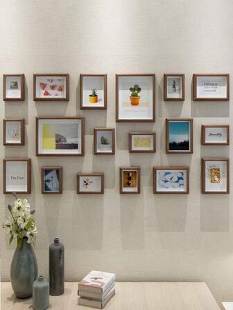 18pcs Wooden Photo Frame Wall Collage, Hollow 1.5cm, Hanging Or Standing, Living Room/Bedroom Photo Album Wall Decor, Random Photo Paper Included