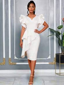 AOMEI Chic White V Neck Dress With Dramatic Ruffle Sleeves And Flared Peplum Skirt Ideal For Weddings, Valentine's Day, And Formal Gatherings - White - View 3