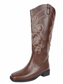 女士棕色V型高筒靴，复古修身刺绣西部牛仔靴，2025秋冬款 - 咖啡棕 - 查看 7