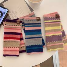 1 Pair Of Women's Half-Finger Gloves - Colorful Striped Design, Elastic And Warm Winter Gloves, Suitable Outdoor Activities, Finger Visible, Fashionable Cold Weather Accessories, Soft Texture - Màu xanh lam - Xem 3