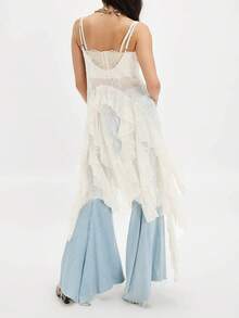 Women Maxi Lace Top Spaghetti Strap See Through Tie Front Flowy Long Camisole Sleeveless Floral Sheer Layering Tops Coquette Blouse Shirts - 白色 - 查看 2