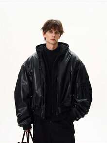 Gridborn Men Jacket Two Layer Look PU Leather Zip Up Loose Fit Bomber Style For Casual Wear - Black - View 4