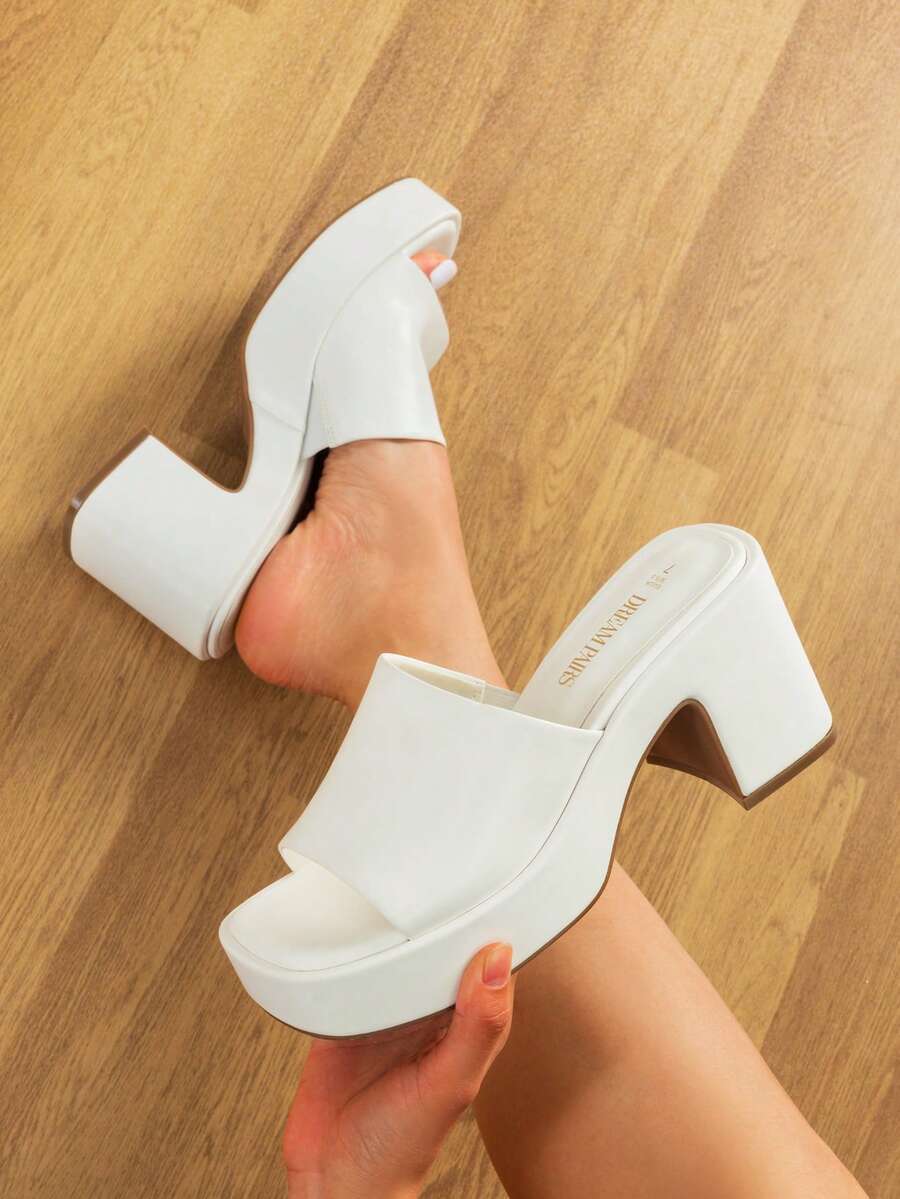 Women Minimalist Chunky Platform Mule Sandals Elegant Summer Slip On Square Open Toe Heeled Sandals For Outgoing School Party Prom - 白色 - 查看 1
