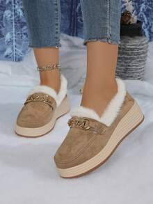 Botas de neve femininas com plataforma e sola grossa, detalhes em metal, mocassins sem fecho, calçados casuais confortáveis e quentes para o inverno, botas com forro de pele. - Caqui - Ver 4