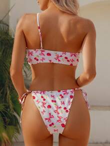 Quần bikini hở lưng in họa tiết quả anh đào và áo có chi tiết khoét sâu Đồ bơi thường ngày co giãn cao dành cho nữ - Đỏ trên nền trắng - Xem 7