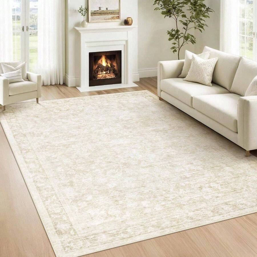 8x10 Area Rugs Living Room: Washable Large Vintage Floral Rug Low Pile Non - Slip Boho Carpet Bedroom Dining Home Office Beige, 8'x10' - Màu be + 5' x 7' (Hình chữ nhật) - Xem 1