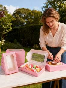 12pcs/1pc 7 X 4 3/8 X 1 1/2 Inch (17.8 X 11.4 Cm) Cookie Boxes With Clear Window, Small Pink Cookie Boxes For Bakery Snacks, Suitable For Desserts, Donuts, Pies, Candies, Macarons - Pink - View 7