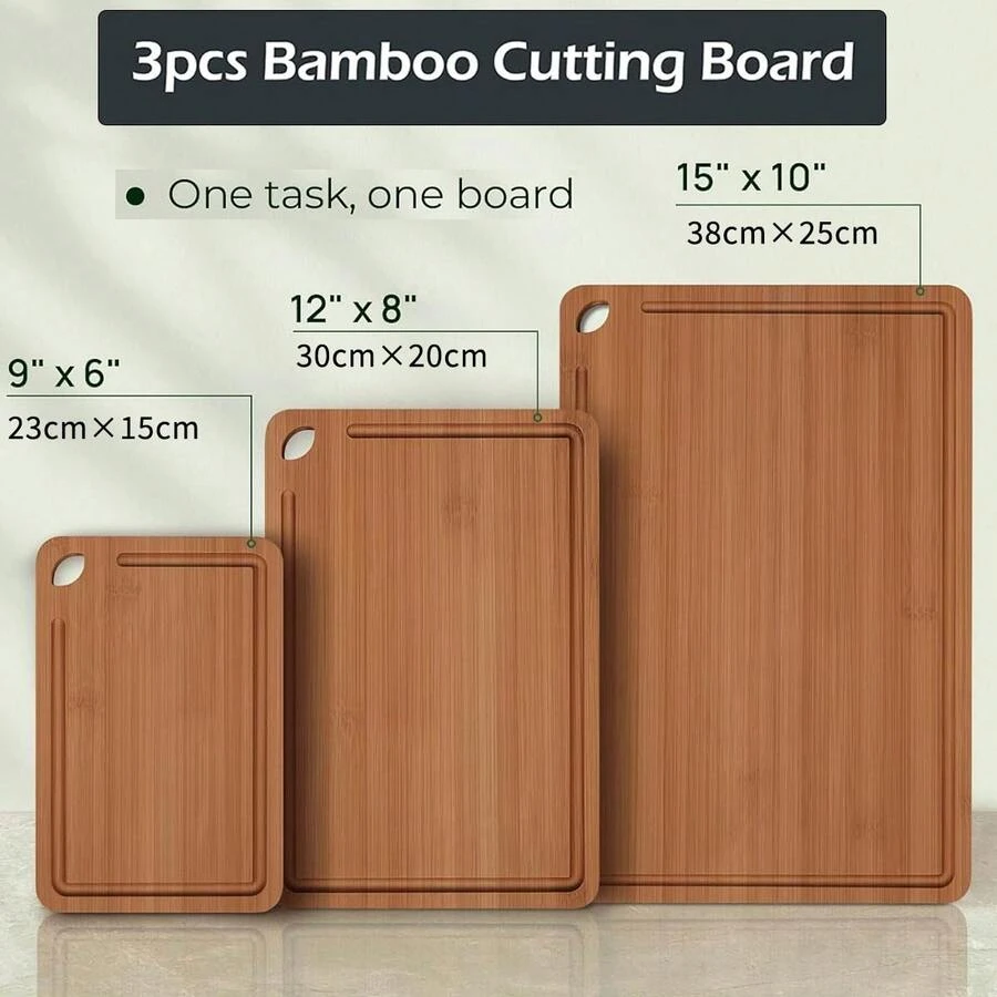 Bamboo Cutting Board Set, Dual-Sided For Chopping Meat/Vegetables, Kitchen Prep & Serving Tray, Thick & Non-Slip, Healthy Cooking Essential - màu nâu - Xem 1