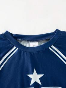 2pcs/Set Girls Casual Everyday Wear Fashion Letter Print Round Neck Short Sleeve T-Shirt And Long Pants Set, Summer - Navy Blue - View 3