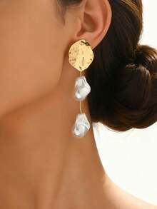 1 Pair Fashionable Elegant Gold Hammered Disc & Faux Pearl Dangle Earrings For Women, Suitable For Daily Wear, Dates, Parties And Gatherings, New Jewelry Accessory - Multicolor - View 2