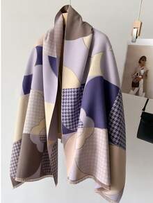 1 件优雅三叶草提花设计仿羊绒保暖围巾，适合女士，适合空调房间，时尚百搭的秋冬颈部保暖 - 彩色 - 查看 2