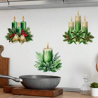 Self-Adhesive New Year Green Candle Wall Stickers - 2D FlatXmas Candle Sticker Traditional Plastic Realistic Flame & Wax-Like Design, Easy Peel & Stick For Walls, Doors, - For Holiday Home Decor, Parties, Candles Christmas Bathroom Decor