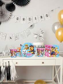 Juego de vajilla desechable con temática de Paw Patrol, en temas azul y rosa, incluye platos de papel, vasos de papel, servilletas, adecuado para fiestas de cumpleaños o San Valentín, hecho de materiales absorbentes de alta calidad, excelente para manualidades, meriendas, reuniones de cumpleaños, fiestas, mesas de postres, campamentos, picnics y talla grande - Multicolor - Ver 4