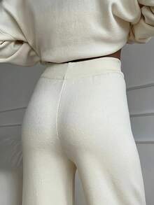 Women's 2-Piece Winter Sportswear - Oversized High Neck Sweater And Wide Leg Pants, Soft Beige Solid Color, Comfortable And Casual To Formal Attire, Simple And Elegant Design, Easy To Care For (Hand Wash/Dry Clean) - Multifunctional Daily And Formal Wear, White Split Detail Sweater Paired With Matching Pants, Loose And Suitable For Layering, Fashionable And Comfortable Two-Piece Set For Autumn And Winter Seasons - 白色 - 查看 7