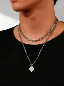 2pcs Hip Hop Stacked Cross Element Pendant Necklace For Men's Stainless Steel Jewelry - Silver - View 1