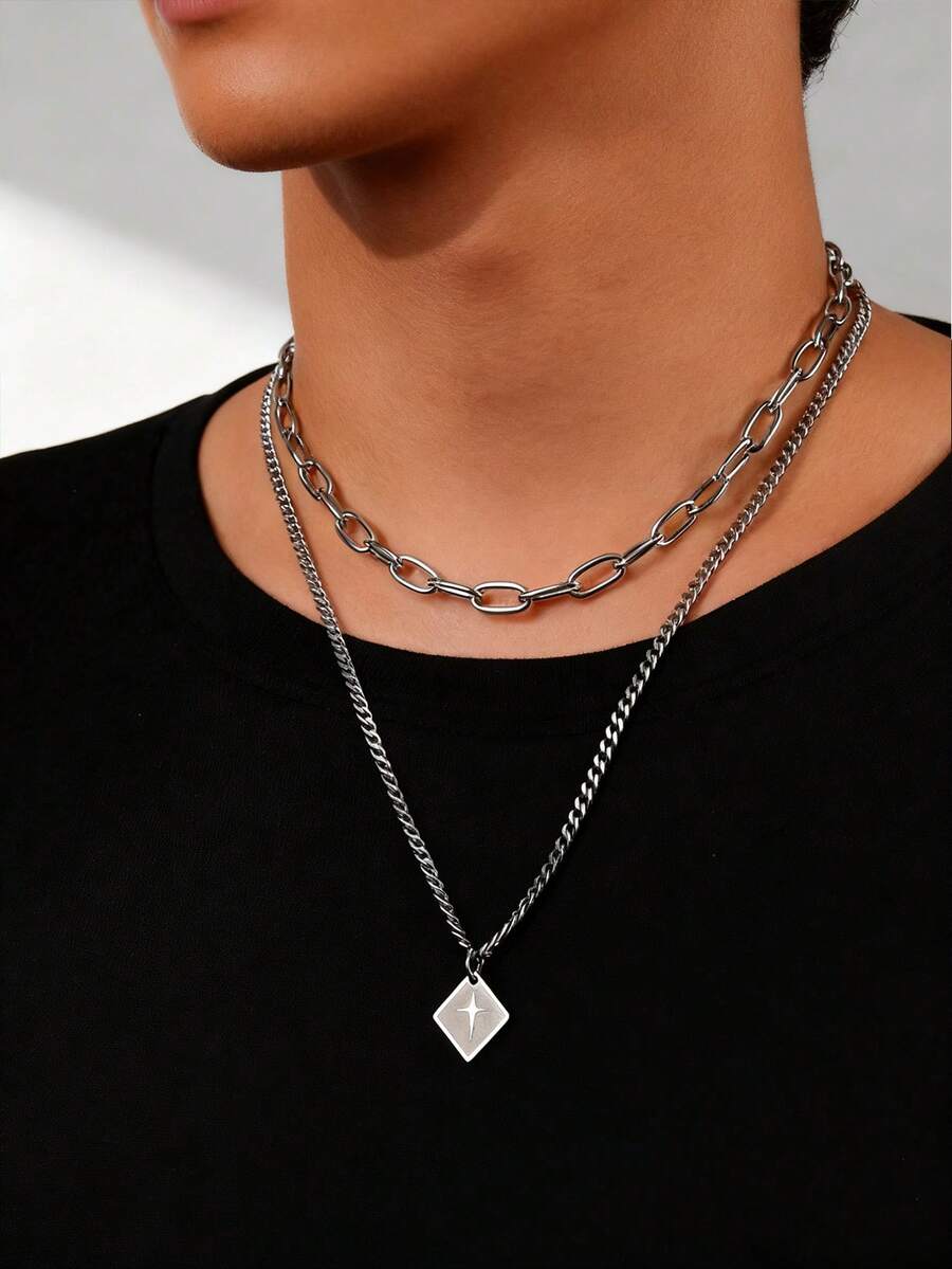 2pcs Hip Hop Stacked Cross Element Pendant Necklace For Men's Stainless Steel Jewelry - Silver - View 1